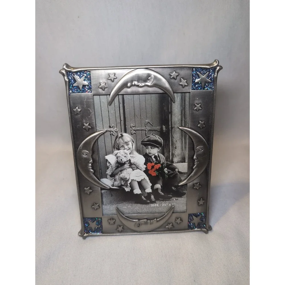Celestial Picture Frame Table Top Crescent Moons & Stars Pewter Tone 3.5x5